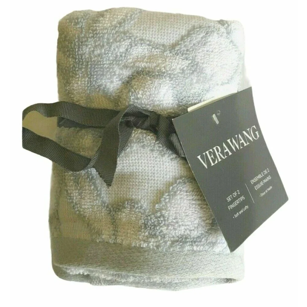 Vera Wang Fingertip Towels Sculptured Bath 12x18 Gray White Set of 2